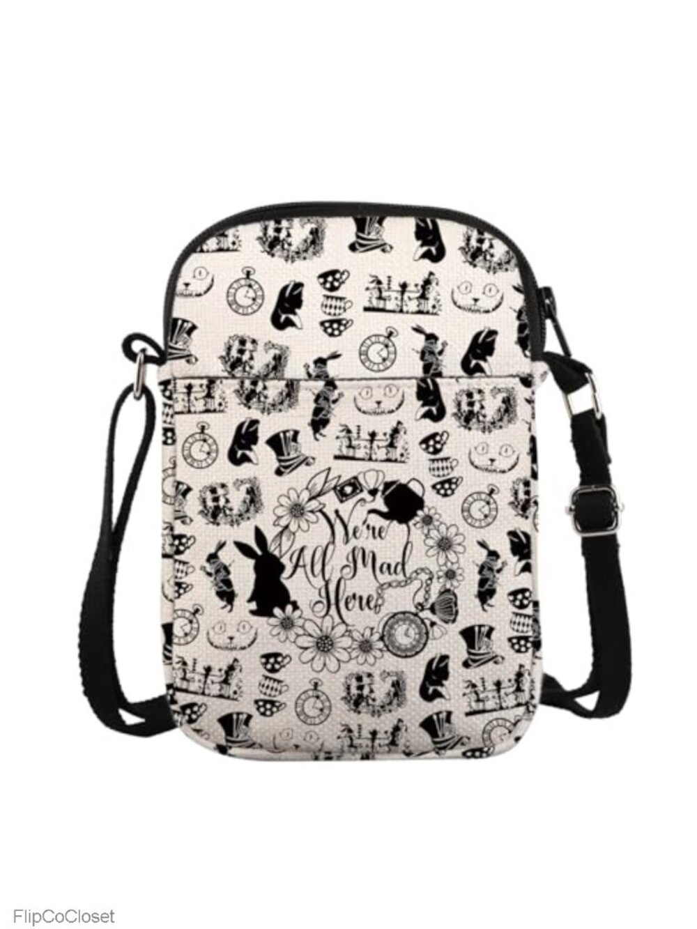 Canvas Crossbody Bag Alice Wonderland Fairy Tale Print Adjustable Strap